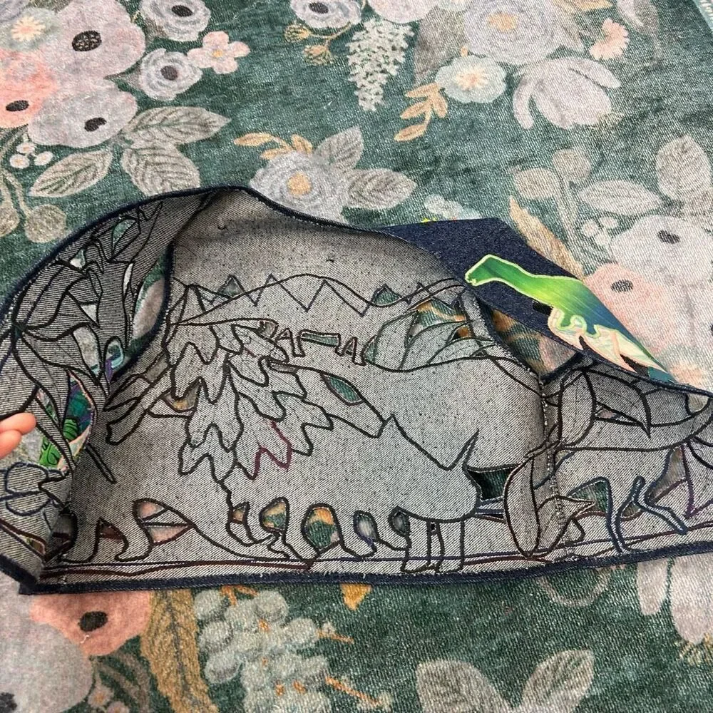 Vintage Handmade Dino Vest Kids Embroidered Blue western Applique Dinosaur Denim - Picture 7 of 10